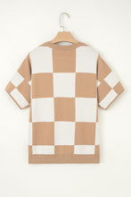 Load image into Gallery viewer, Light French Beige Checkered Pattern Loose Drop Shoulder Half Sleeve Sweater