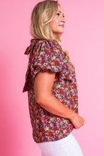 Cargar imagen en el visor de la galería, Purple Floral Print Knotted High Neck Puff Sleeve Blouse