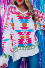 Load image into Gallery viewer, White Oversize Aztec Print High Low V Neck Sweater