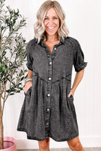 Load image into Gallery viewer, Medium Grey Mineral Wash Ruffled Short Sleeve Buttoned Denim Dress