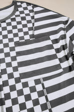 Load image into Gallery viewer, Dark Grey Checkerboard Striped Patchwork Lantern Sleeve Pocketed Blouse