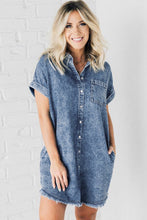 Load image into Gallery viewer, Blue Mineral Wash Cuffed Sleeve Frayed Hem Denim Dress