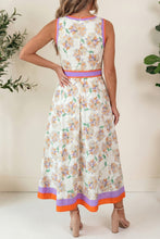 Cargar imagen en el visor de la galería, White Floral Print Color Block Trim Belted Sleeveless Maxi Dress