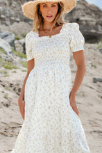 Load image into Gallery viewer, White Frilly Shirred Bodice Tiered Floral Maxi Dress