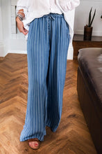 Load image into Gallery viewer, Blue Stripe Chambray Wide Leg Tied Elastic Waist Trousers