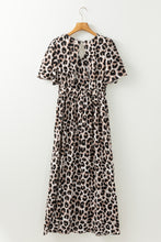 Cargar imagen en el visor de la galería, Khaki Leopard V Neck Cinched High Waist Open Back Maxi Dress