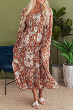 Load image into Gallery viewer, Brown Floral Print Shirred Square Neck High Waist Maxi Dress