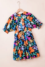 Load image into Gallery viewer, Blue Collared Split Neck Floral Flared Dress