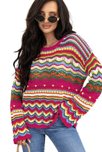 Load image into Gallery viewer, Rose Red Colorblock Striped Hollowed Knit Loose Sleeve Sweater