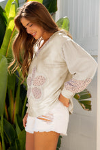 Load image into Gallery viewer, Beige Floral Patched Waffle Textured Colorblock V Neck Casual Hooded Top