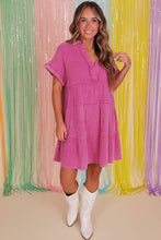 Load image into Gallery viewer, Strawberry Pink Mineral Wash Crinkle Split Neck Raw Hem Tiered Dress