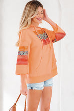 Load image into Gallery viewer, Grapefruit Orange Plaid Floral Patchwork Kangaroo Pocket Hooded Long Sleeve Top