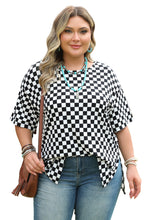 Load image into Gallery viewer, Black Checkered Print Side Slits O Neck Plus Size T Shirt