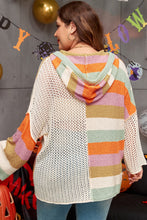 Load image into Gallery viewer, Beige Pointelle Knit Colorblock Patchwork V Neck Hooded Plus Sweater