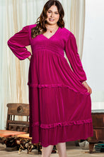 Load image into Gallery viewer, Rose Red Shirred V Neck Tiered Ruffled Velvet Plus Size Maxi Dress