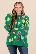Load image into Gallery viewer, Green Plus Size Floral Knitted Ribbed Edge Drop Shoulder Sweater