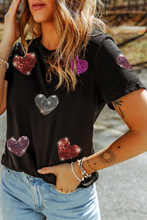 Load image into Gallery viewer, Black Sequin Heart Patched Pattern Crewneck Valentines Tee