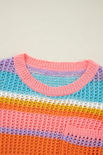 Load image into Gallery viewer, Pink Stripe Colorblock Hollowed Crochet 3/4 Sleeve Sweater