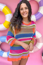 Load image into Gallery viewer, Orange Stripe Colorblock Hollowed Crochet 3/4 Sleeve Sweater