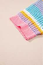 Cargar imagen en el visor de la galería, Pink Stripe Plus Size Open Knit Patch Pocket Short Sleeve Sweater