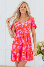 Load image into Gallery viewer, Red Floral Bubble Sleeve Sweetheart Neck Ruffled Mini Dress