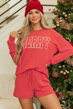Cargar imagen en el visor de la galería, Racing Red Corded MERRY Graphic Long Sleeve Top and Shorts Set