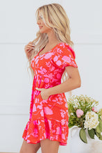 Load image into Gallery viewer, Red Floral Bubble Sleeve Sweetheart Neck Ruffled Mini Dress