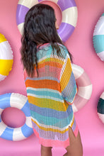 Load image into Gallery viewer, Pink Stripe Colorblock Hollowed Crochet 3/4 Sleeve Sweater