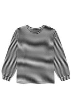 Load image into Gallery viewer, Black Stripe Drop Shoulder Puff Long Sleeve O Neck Plus Size T Shirt