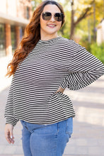 Load image into Gallery viewer, Black Stripe Drop Shoulder Puff Long Sleeve O Neck Plus Size T Shirt