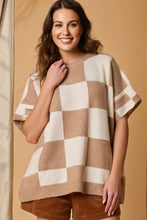 Load image into Gallery viewer, Light French Beige Checkered Pattern Loose Drop Shoulder Half Sleeve Sweater