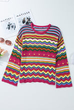 Load image into Gallery viewer, Rose Red Colorblock Striped Hollowed Knit Loose Sleeve Sweater