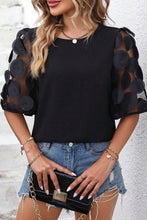 Load image into Gallery viewer, Black Contrast Applique Mesh Half Sleeve Blouse
