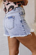 Load image into Gallery viewer, Beau Blue Pearl Studded Pockets Raw Hem Denim Shorts