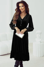 Load image into Gallery viewer, Black Velvet Buttoned Puff Sleeve V Neck Split Midi Dress