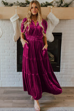 Load image into Gallery viewer, Red Dahlia Velvet Short Sleeve Shirred Waist Tiered Maxi Dress