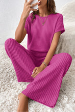 Load image into Gallery viewer, Rose Red Solid Color Ribbed Short Sleeve Wide Leg Jumpsuit