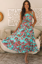 Load image into Gallery viewer, Green Abstract Print Smocked Bodice Knotted Straps Ruffled Maxi Dress