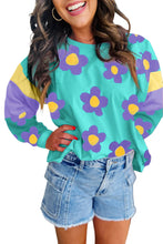 Cargar imagen en el visor de la galería, Sky Blue Floral Color Block Long Sleeve Loose Top