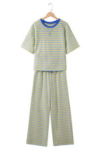 Cargar imagen en el visor de la galería, Pink Stripe Colorblock Trim Crew Neck Loose Tee Drawstring Elastic Waist 2pcs Pant Set