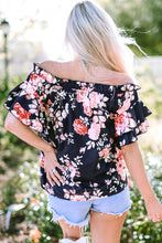 Load image into Gallery viewer, Blue Ruffle Off Shoulder Flounce Sleeve Floral Blouse
