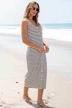Load image into Gallery viewer, White Striped Print Sleeveless Buttoned Maxi Dress