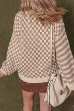 Load image into Gallery viewer, Khaki Stripe Checkerboard Drop Shoulder Balloon Sleeve Sweater