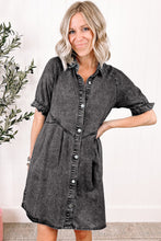 Load image into Gallery viewer, Medium Grey Mineral Wash Ruffled Short Sleeve Buttoned Denim Dress