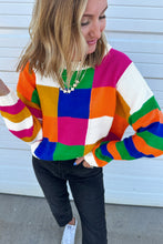 Load image into Gallery viewer, Orange Checkered Color Block Round Neck Loose Sweater