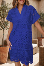 Load image into Gallery viewer, Rose Red Solid Color Eyelet Embroidered T Shirt Mini Dress