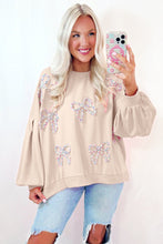 Load image into Gallery viewer, Parchment Embroidered Bow Lantern Sleeve Oversized Pullover Sweatshirt