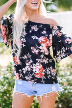 Load image into Gallery viewer, Blue Ruffle Off Shoulder Flounce Sleeve Floral Blouse
