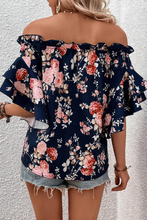 Load image into Gallery viewer, Blue Ruffle Off Shoulder Flounce Sleeve Floral Blouse