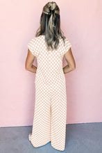 Load image into Gallery viewer, Apricot Checkered Print Buttoned Crew Neck Wide Leg Jumpsuit